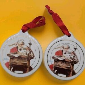 JCPenney Santa Claus Reading Letters Christmas Ornament Norman Rockwell Set Of 2
